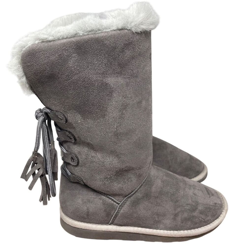 Rampage Boots Girls 4M Gray Faux Suede Soft Fur Lined Tall Fall Winter Cozy
